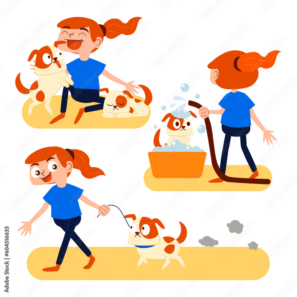 A cute girl has a dog. She plays with him, bathes him and takes him for a walk every day. A cute girl has a dog. She plays with him, bathes him and takes him for a walk every day.