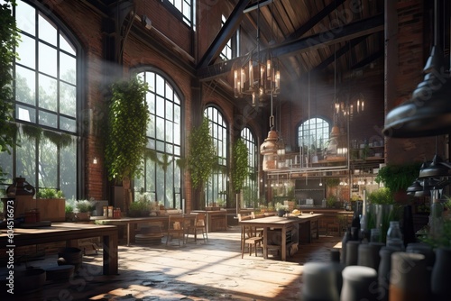 Industrial retro interior with a boho chic atmosphere, generative ai