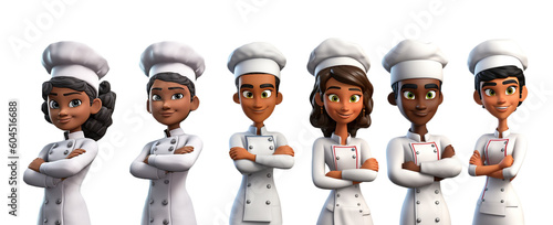 Set of 3D character cute happy Young chef standing couple posing with arms crossed smile, isolated on white and transparent background
