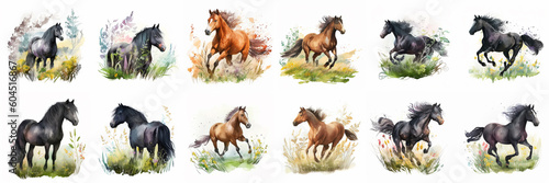 Watercolor cartoon illustration of a graceful horse in a meadow on a white background.