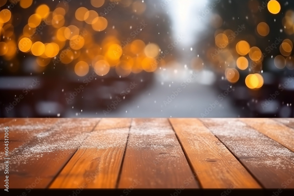 Empty wood table in front in home room covered with snow of xmas time blurred bokeh lights background concept image for product Generative AI Empty wood table in front in home room covered with snow of xmas time blurred bokeh lights background concept image for product Generative AI