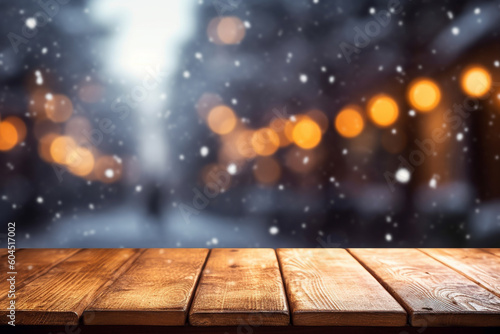 Empty wood table in front in home room covered with snow of xmas time blurred bokeh lights background concept image for product Generative AI 