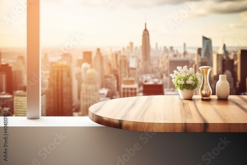 Empty wood table in front in bathroom blurred background concept image for product Generative AI  © Magnetu