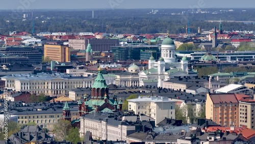 Aerial view of Uspenski and Helsinki Cathedral in the capital city of Finland