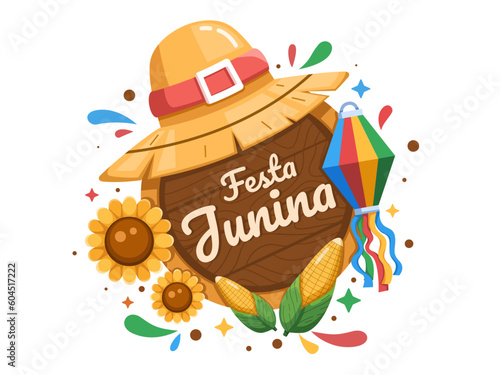 Vector Illustration Brazil Festa Junina with Straw hat, sunflower, corn, and colorful kite decoration.
Perfect for greeting card, postcard, print, web, bannet, etc
Brazil São João June festival.