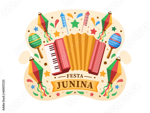 Vector illustration of Brazilian Festa Junina, showcasing traditional musical instruments such as the accordion and maracas, adorned with vibrant and colorful designs.
Greeting card, postcard, banner.