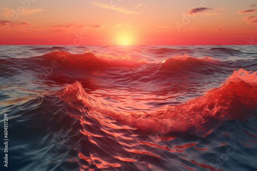 Foamy waves rolling up in ocean during red sunset. Abstract nature background. Generative AI
