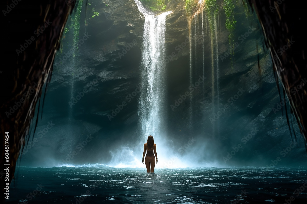 Obraz premium Frau vor einem Wasserfall KI