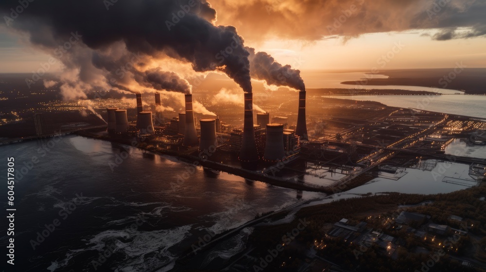 Factory with chimneys and a lot of smoke and steam up to the sky.Generative AI Factory with chimneys and a lot of smoke and steam up to the sky.Generative AI