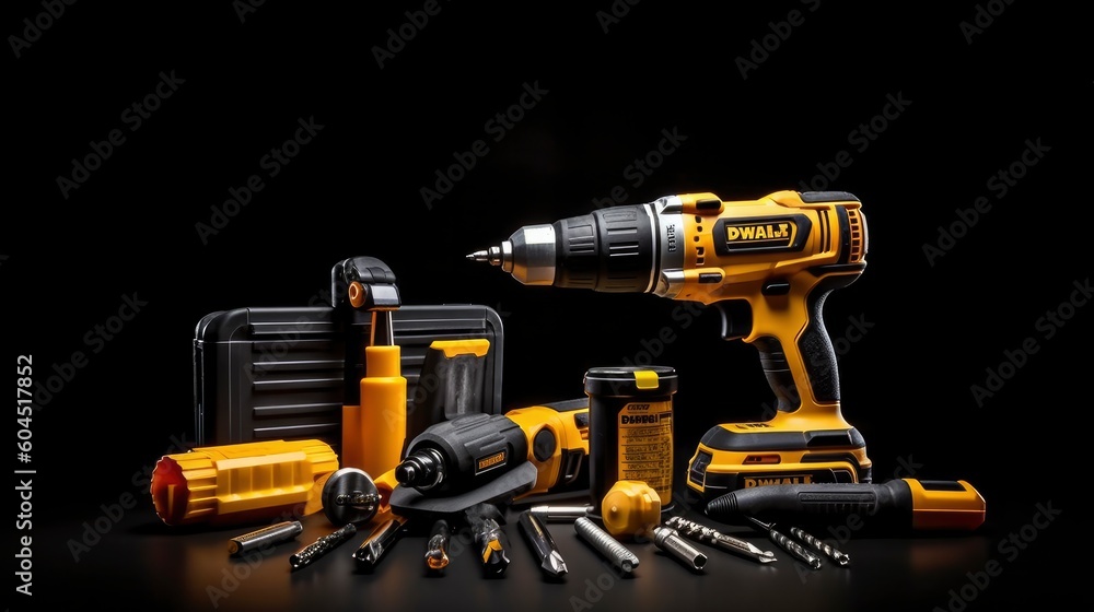 Fototapeta premium Set of hand tools on a black background. Generative AI