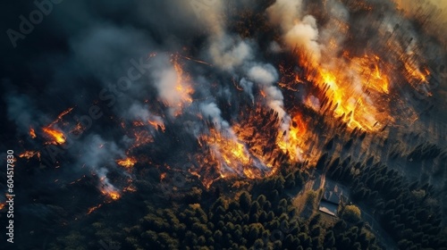 Aerial view Forest fire. Generative AI