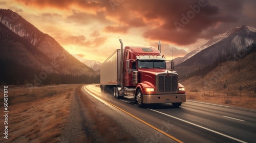 Truck with trailers transporting cargo driving on the highway road. Generative AI