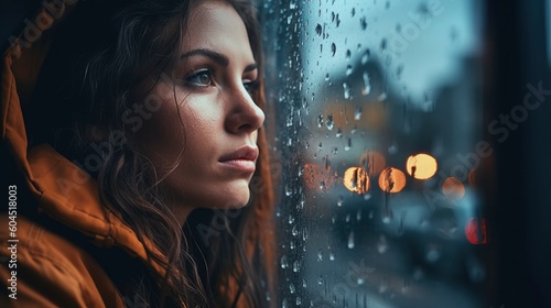 Woman looking through a window. 