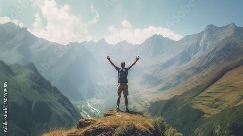 Male hiker with arms outstretched on top of mountain looking at beautiful landscape. Generative AI