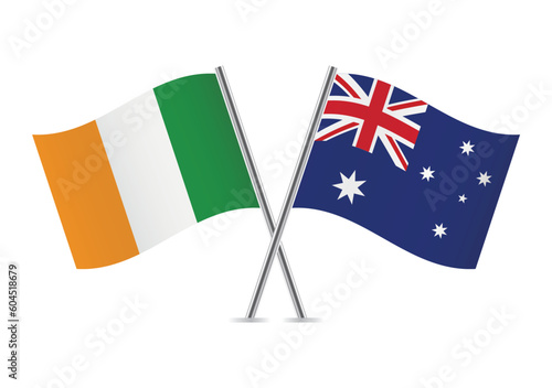Ireland and Australia crossed flags. Irish and Australian flags on white background. Vector icon set. Vector illustration.