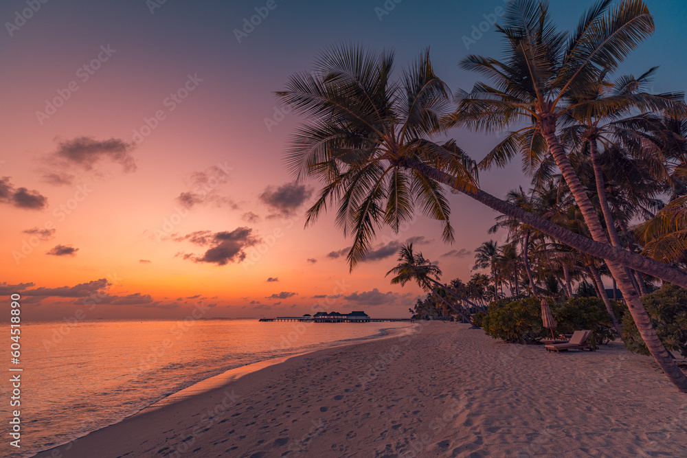 Paradise island palm trees sea sand beach. Panoramic beach travel landscape. Inspire tropical beach seascape horizon. Orange golden sunset sky calm tranquil relaxing summer vacation. Exotic holiday