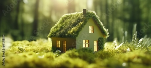 Green and environmentally friendly housing concept, nature forest background - Miniature wooden house home in grass, moss and ferns, illuminated by the sun, sunshine, Eco house (Generative Ai) photo