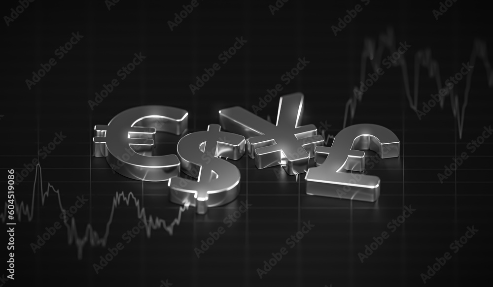 International currency usd dollar euro yen pound money 3d symbol on business finance economy exchange cash global background with investment financial banking foreign trade or coin price profit rate. - obrazy, fototapety, plakaty 