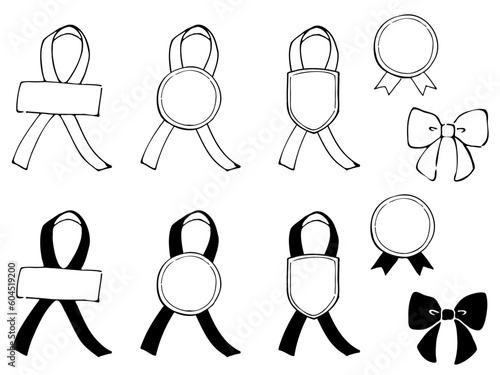 ラベル付きリボンフレーム　モノクロの手書き線画