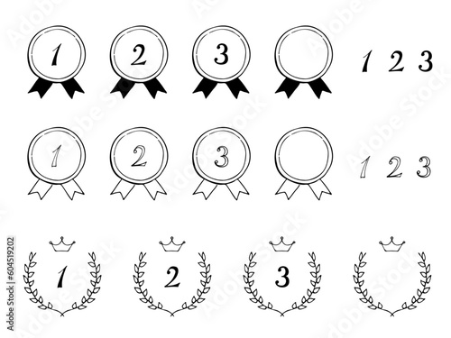 リボン付きのメダルと月桂樹のランキング素材　モノクロの手書き線画