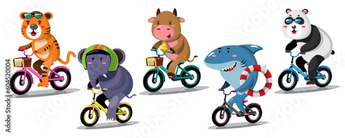Groups of animals ride bicycles to travel. There are many kinds of animals such as tigers, elephants, cows, pandas, sharks.