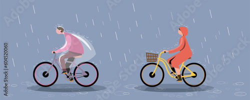 During the rainy season, there is always rain, so people riding bicycles must wear rain gear to protect them from the rain