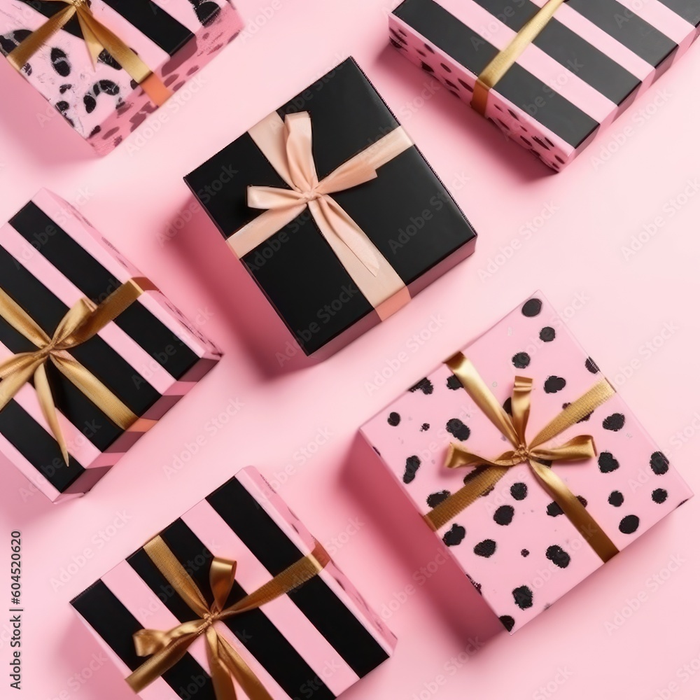 Obraz premium Background with gift boxes. Gift box flat top view. Poster surprise birthday, valentine's day, wedding and anniversary. generative ai