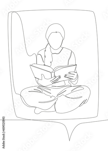 One continuous line of speech bubble with girl reading a book. Thin Line Illustration vector education concept. Contour Drawing Creative ideas.