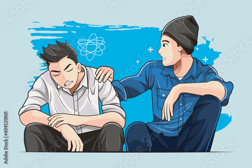 Mental Health. Young Man Tries to Forgive vector illustration