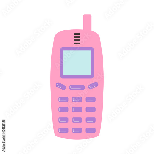 Retro mobile phone. Vintage pink mobile. Nostalgia for 90s, 2000s. Trendy y2k patch or sticker