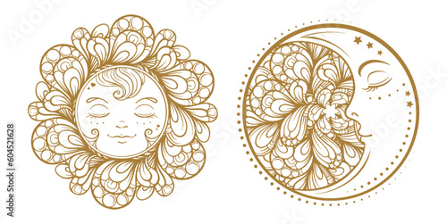Ethnic sun and moon symbols. Temporary tattoo set.