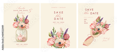 Wedding invitation set. Wild flowers posters, postcards set. Flowers in a jar collection