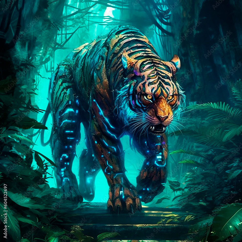 tiger in future forest created with Generative Ai technology