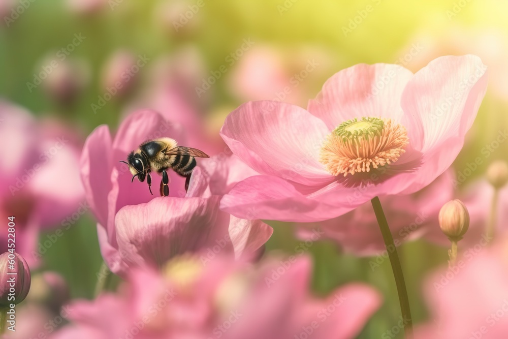 Beautiful Pink Anemone Flower and Flying Bumblebee Beautiful Pink Anemone Flower and Flying Bumblebee