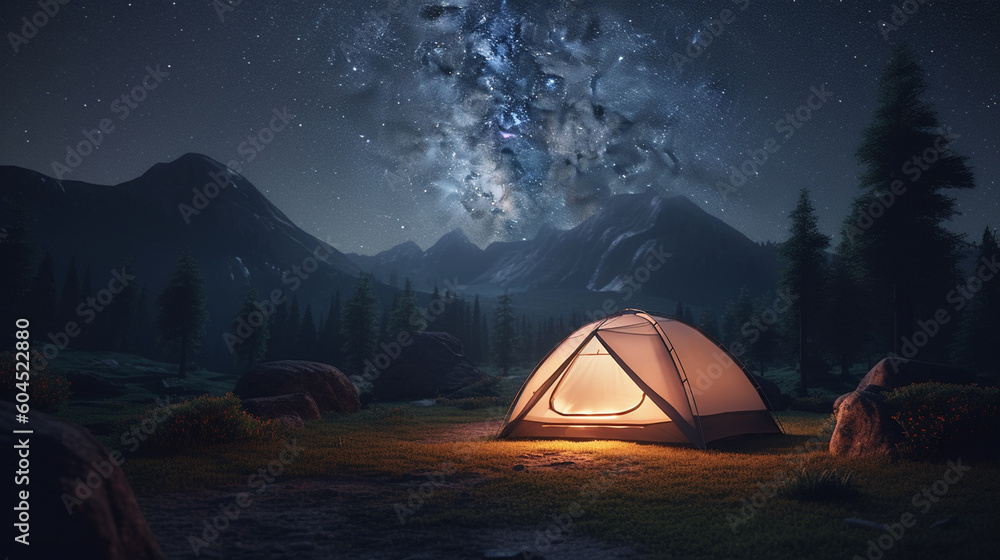  Tent camping in the night time. Generative Ai