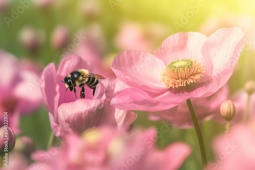 Beautiful Pink Anemone Flower and Flying Bumblebee