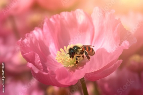 Beautiful Pink Anemone Flower and Flying Bumblebee