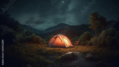  Tent camping in the night time. Generative Ai © andranik123