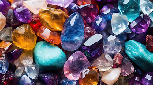 Collection of many different natural gemstones: amethyst, lapis lazuli, rose quartz, citrine, ruby, amazonite, moonstone, labradorite, chalcedony, blue topaz and many more. Generative AI