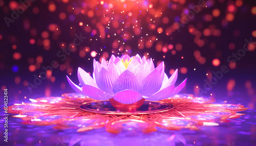 Light glowing lotus flower with pink illumination spiritual awakening enlightment meditation  wedding invitations  package. Futuristic and motion  Generative AI illustration