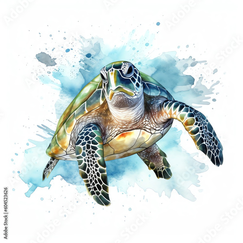AI Generated: Serene Watercolor Clipart of a Sea Turtle on White Background. Vibrant Artistic Illustration of a Graceful Aquatic Creature. Generative AI.
