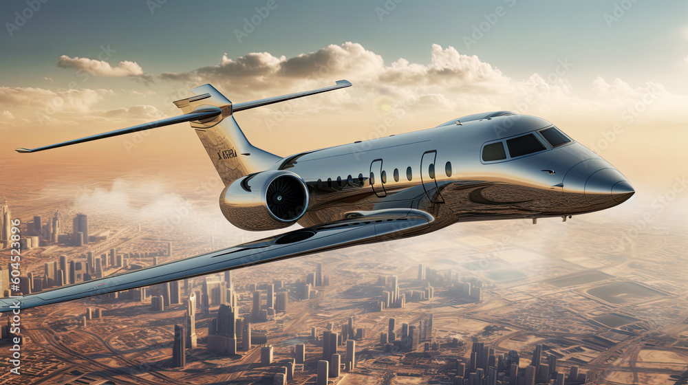 Business jet airplane flying over Dubai city and sea coastline. Generative AI