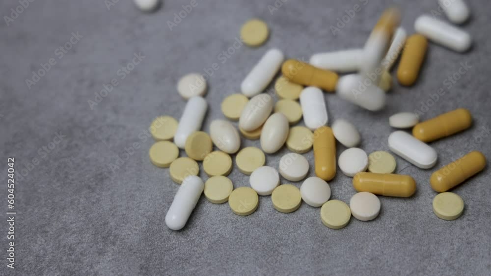many pills scattered on surface or from bottle in woman hand palm.vitamins drug antibiotics tablets different shape capsules.isolated gray tiles imitation background.medicine medical concept 4k video many pills scattered on surface or from bottle in woman hand palm.vitamins drug antibiotics tablets different shape capsules.isolated gray tiles imitation background.medicine medical concept 4k video