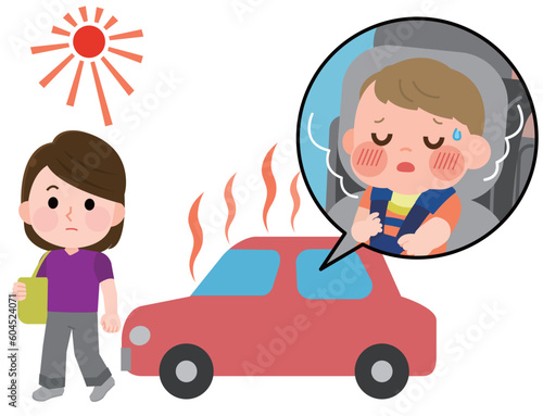 車内置き去りをする女性　熱中症の症状がある赤ちゃん