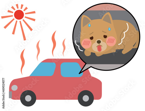 車内置き去り　熱中症の症状があるペットの犬　イラスト