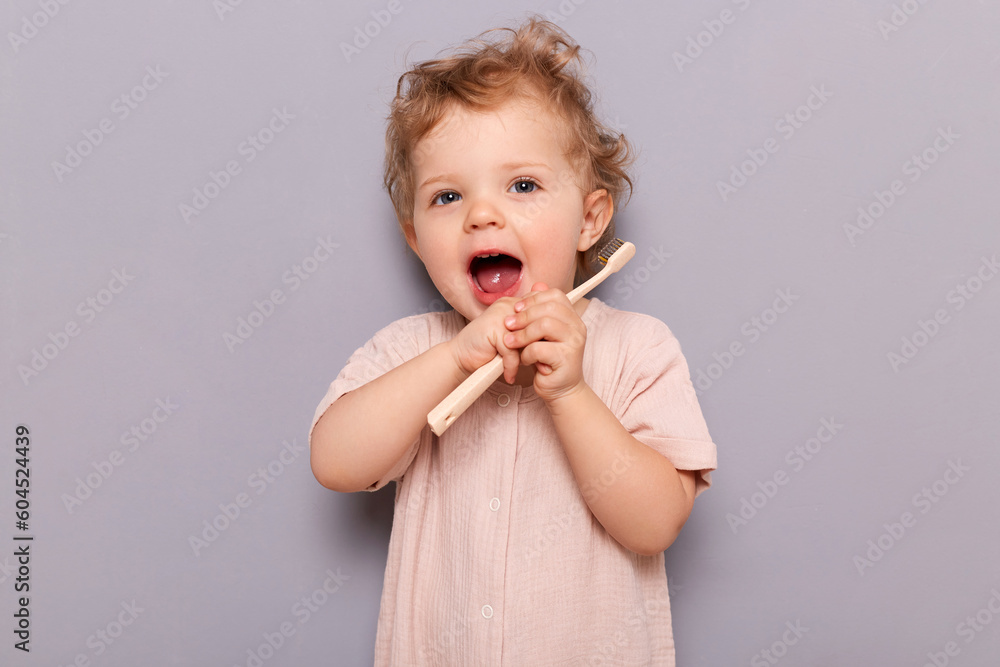 Healthy mouth and lifestyle from an early age. Funny little girl holding toothbrush isolated on gray background standing with open mouth holding toothbrush. Healthy mouth and lifestyle from an early age. Funny little girl holding toothbrush isolated on gray background standing with open mouth holding toothbrush.