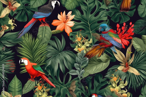 Tropical wallpaper background with plants and birds © NENUMI