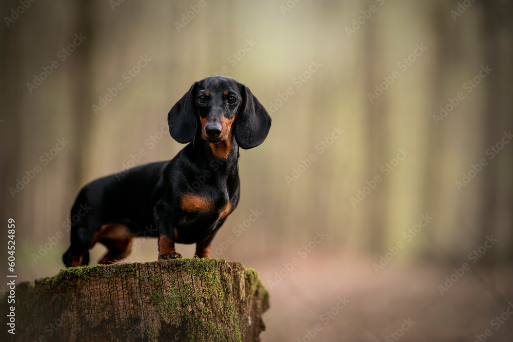 black and tan dachshund dog in forest