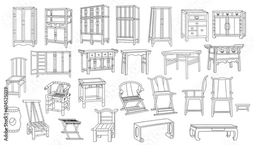 A set of hand-drawn line sketches of Chinese Ming Dynasty-style furniture, including table, cabinet, and chairs.