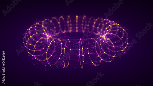 Futuristic dynamic yellow wireframe torus on a purple background. The flow of scientific data. Futuristic digital technology. 3D rendering.